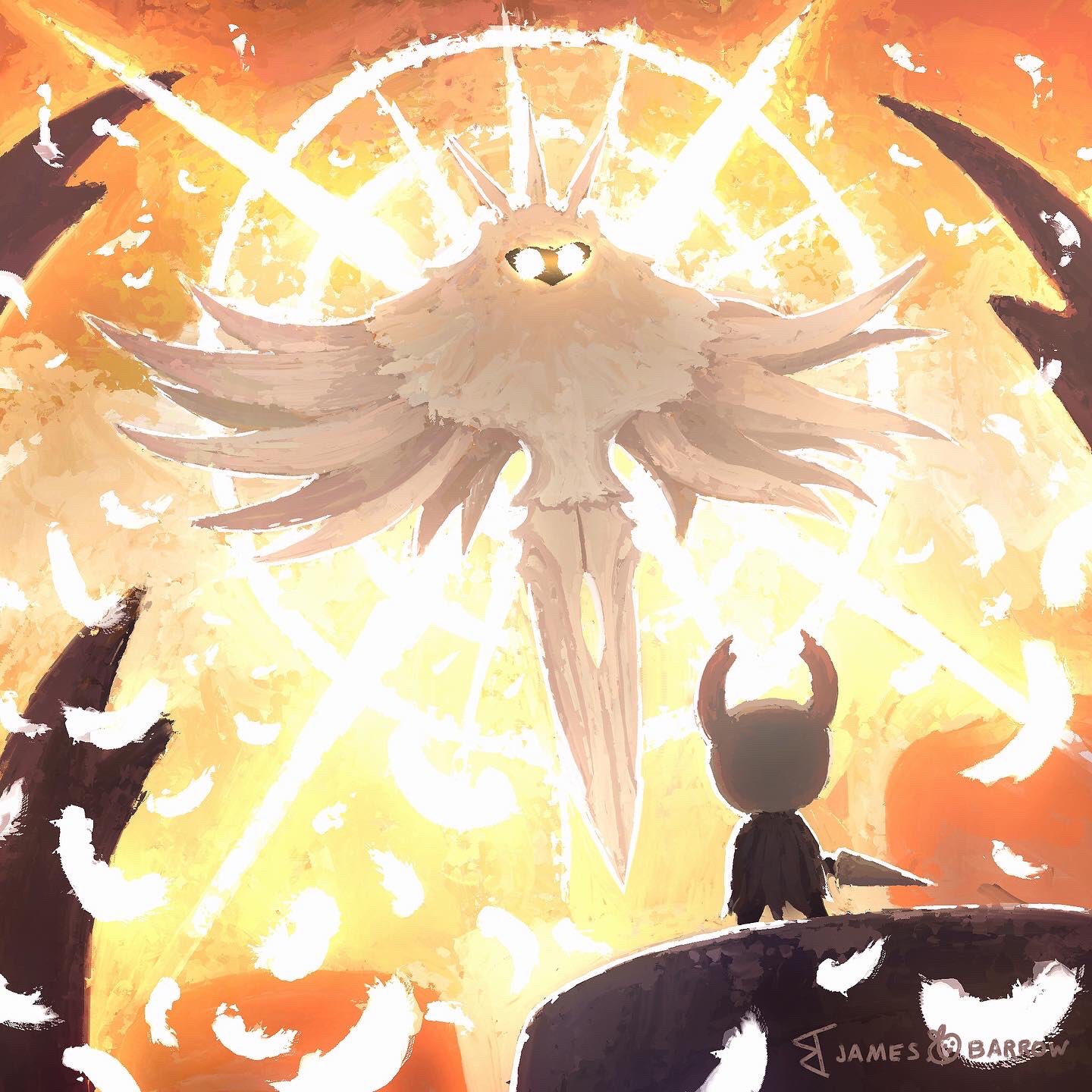 bug, cape, crown, feathers, floating, from_behind, glowing, grey_cloak