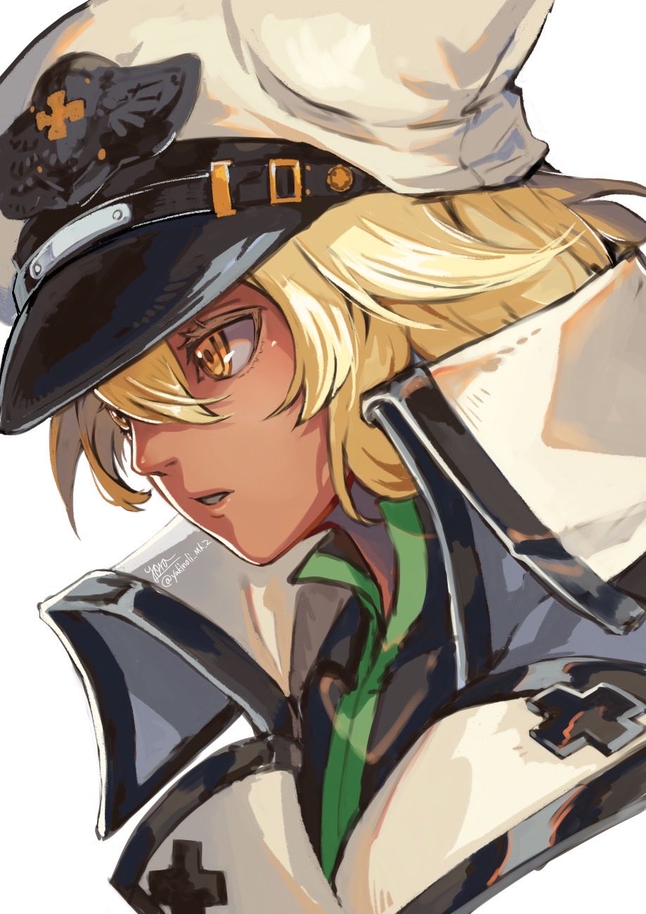1girl, blonde_hair, dark-skinned_female, dark_skin, guilty_gear, guilty_gear_strive, highres, long_hair, looking_to_the_side, orange_eyes, parted_lips, ramlethal_valentine, upper_body, white_headwear, yora