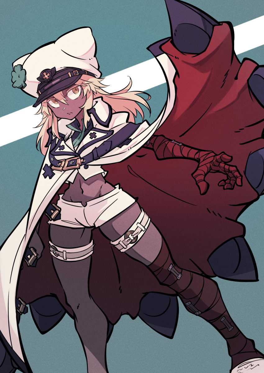 1girl, absurdres, bandaged_arm, bandages, blonde_hair, breasts, buresu21, clover, dark-skinned_female, dark_skin, four-leaf_clover, guilty_gear, guilty_gear_strive, highres, long_hair, looking_at_viewer, medium_breasts, navel, orange_eyes, ramlethal_valentine, red_bandage, short_shorts, shorts, thigh_strap, white_shorts