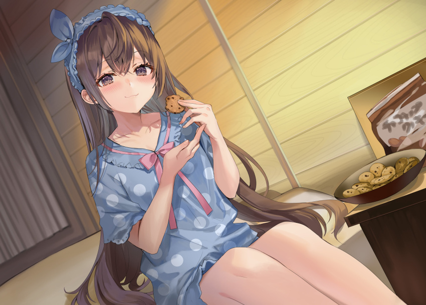 1girl, :3, absurdres, bag_of_cookies, bed_sheet, blue_hairband, blue_pajamas, blush