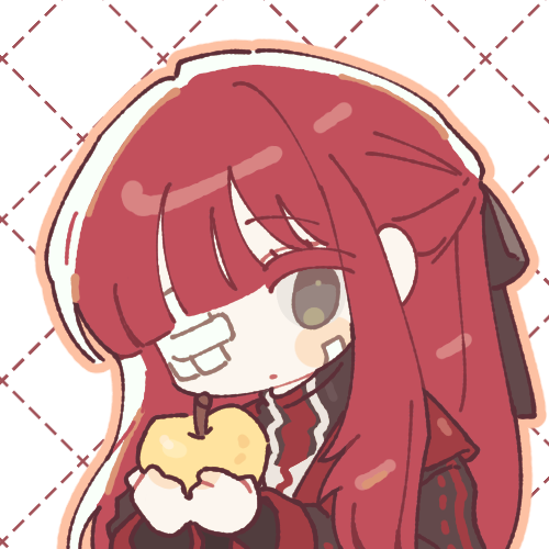 1girl, apple, avatar_icon, bandaid, bandaid_on_face, black_jacket, black_ribbon, chibi