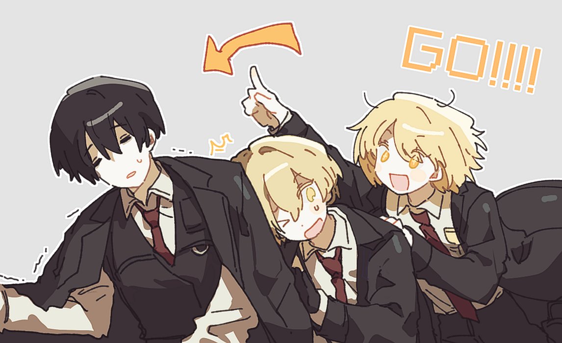 1girl, 2boys, arrow_(symbol), black_coat, black_gloves, black_hair, black_pants, black_vest