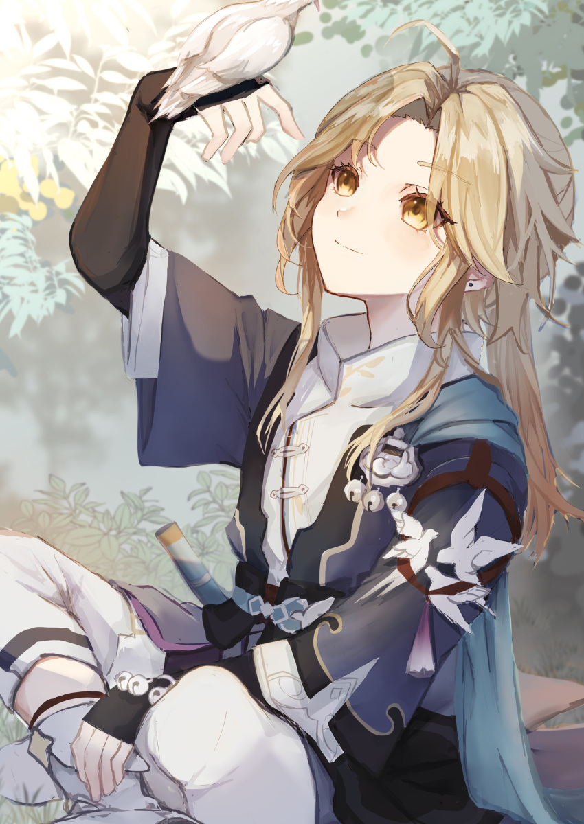 1boy, absurdres, ahoge, androgynous, barn_swallow, bird, bird_on_hand, blonde_hair