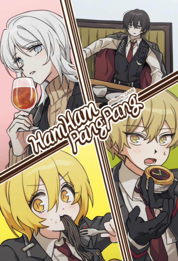 2boys, 2girls, bbunny, black_coat, black_eyes, black_hair, blonde_hair, blue_eyes