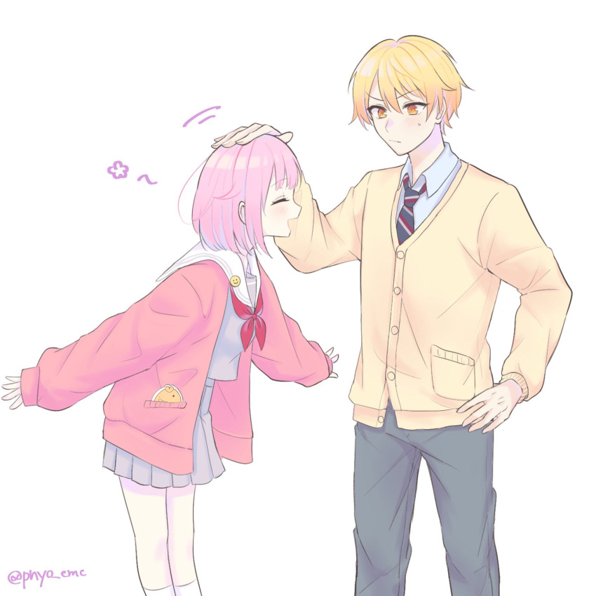 1boy, 1girl, blonde_hair, bob_cut, buttons, cardigan, closed_eyes, closed_mouth