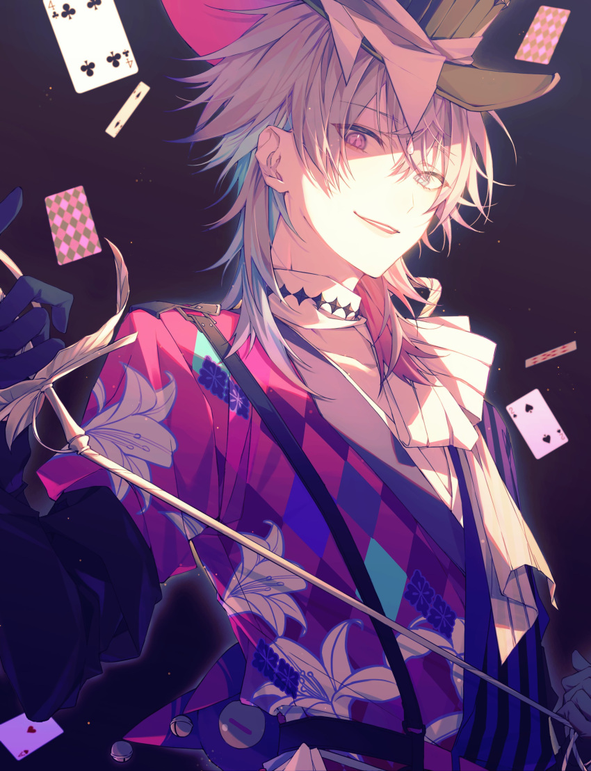 1boy, absurdres, black_gloves, blue_eyes, blue_hair, card, cheese_oho, commentary
