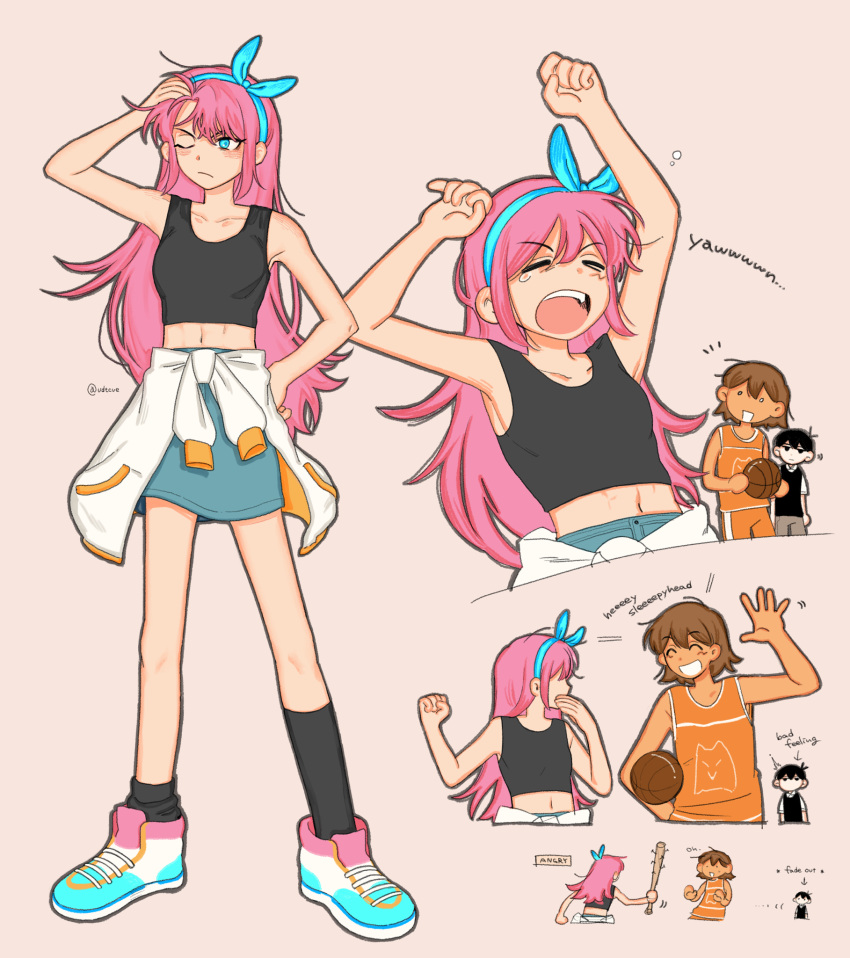 1girl, 2boys, arm_up, arms_up, aubrey_(omori), ball, baseball_bat, basketball_(object)
