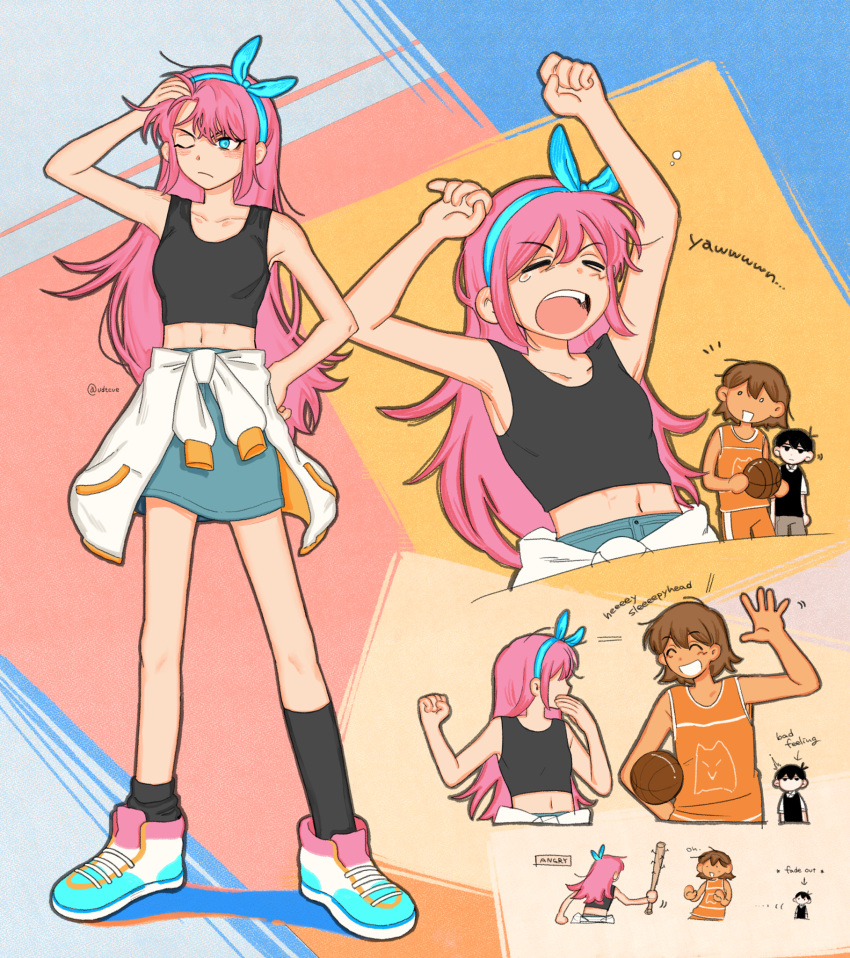 1girl, 2boys, arm_up, arms_up, aubrey_(omori), ball, baseball_bat, basketball_(object), black_hair, black_socks, black_sweater_vest, blue_eyes, blue_skirt, brown_hair, closed_eyes, closed_mouth, clothes_around_waist, crop_top, dark-skinned_male, dark_skin, denim, denim_skirt, hairband, hand_on_own_hip, highres, holding, holding_ball, holding_baseball_bat, jacket, jacket_around_waist, kel_(omori), long_hair, looking_at_another, looking_away, multiple_boys, nail, nail_bat, navel, omori, one_eye_closed, open_mouth, orange_shorts, pink_hair, shirt, shoes, short_hair, shorts, skirt, sneakers, socks, stretching, sunny_(omori), sweater_vest, ud01f, white_jacket, white_shirt, yawning