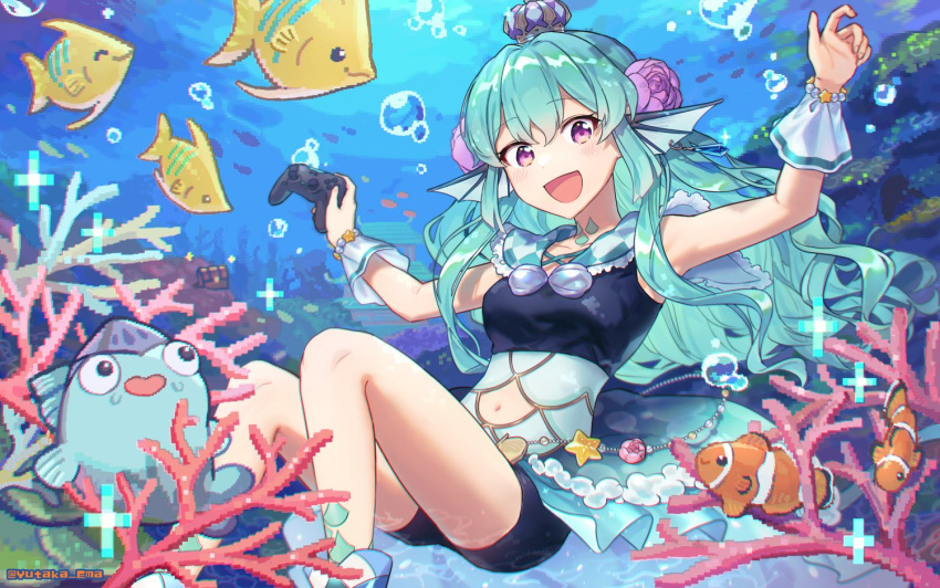 1girl, aqua_hair, bike_shorts, blue_skirt, clownfish, controller, crown, ema_yutaka