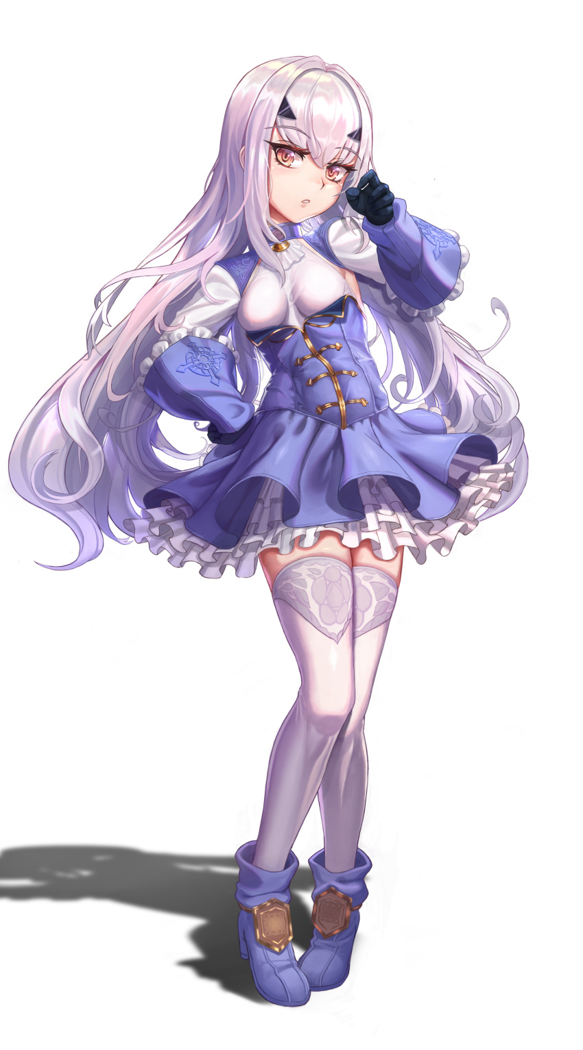 1girl, absurdres, armpit_cutout, black_gloves, blue_dress, breasts, brown_eyes, clothing_cutout, dress, fairy_knight_lancelot_(fate), fairy_knight_lancelot_(second_ascension)_(fate), fate/grand_order, fate_(series), frilled_dress, frills, full_body, gloves, highres, long_hair, long_sleeves, looking_at_viewer, shadow, short_dress, sidelocks, small_breasts, solo, standing, thigh-highs, usd_(wwkr2537), very_long_hair, white_hair, white_thighhighs