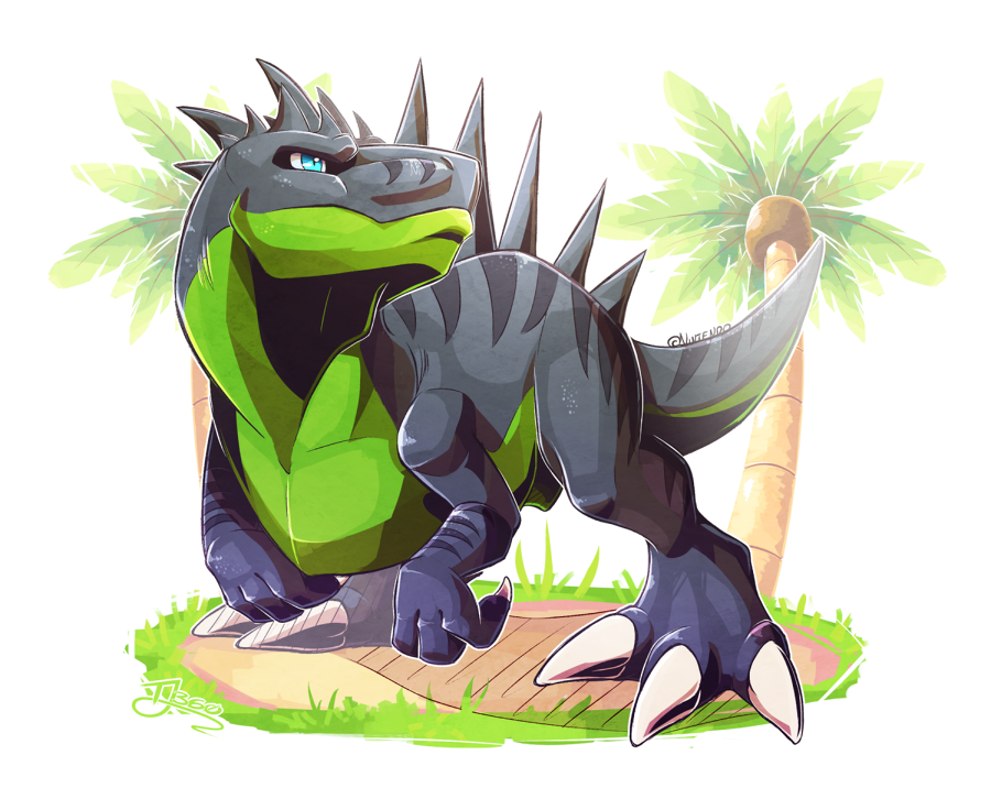 animal, artist_name, fossil_fighters, no_humans, palm_tree, signature, simple_background, solo