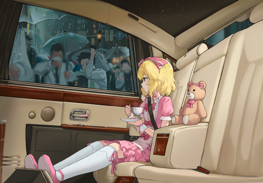 1boy, 1girl, absurdres, blonde_hair, car_interior, cup, dress, highres