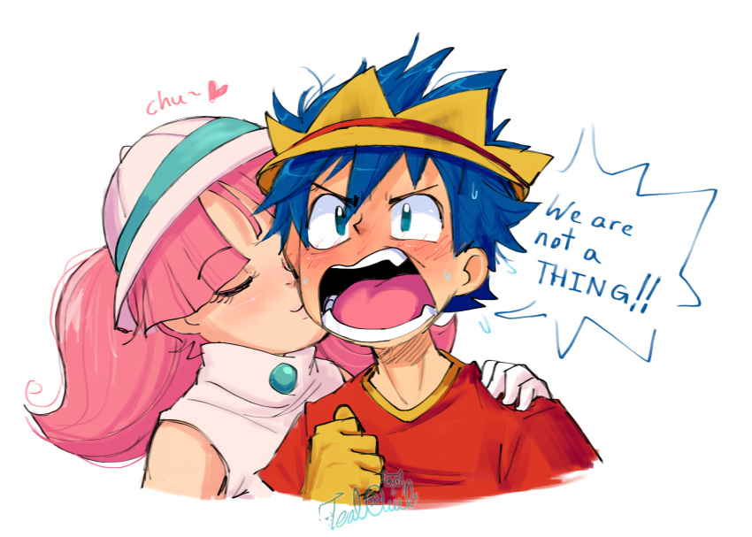 1boy, 1girl, artist_name, asymmetrical_gloves, blue_eyes, blue_hair, blush, closed_eyes