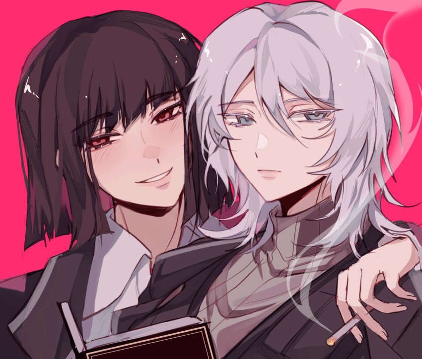 2girls, arm_around_neck, black_hair, blue_eyes, blunt_bangs, blunt_ends, blush, book