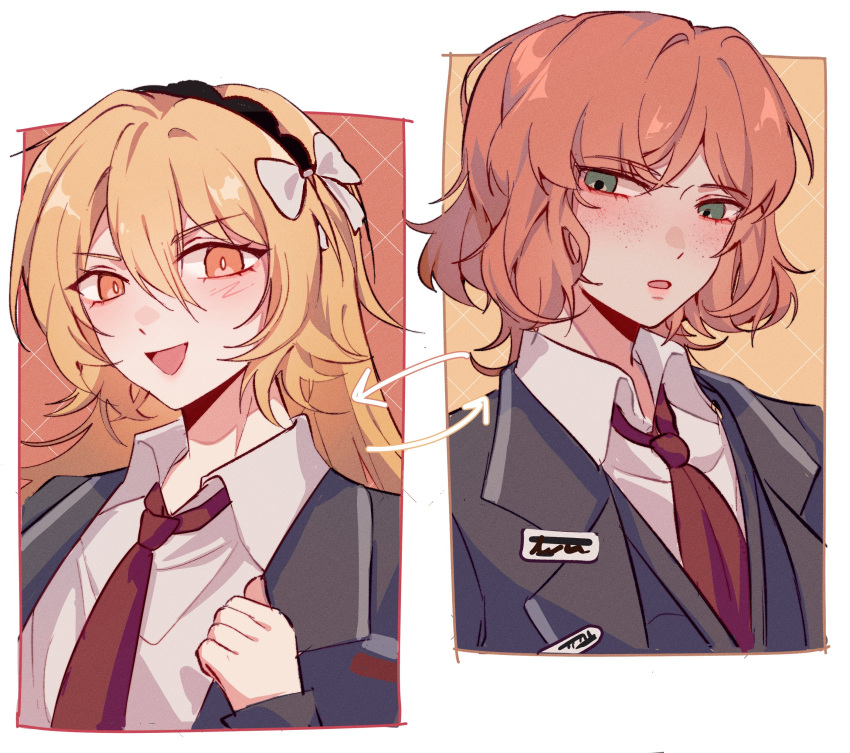 2girls, :d, :o, absurdres, alternate_hair_length, alternate_hairstyle, arrow_(symbol), black_hairband