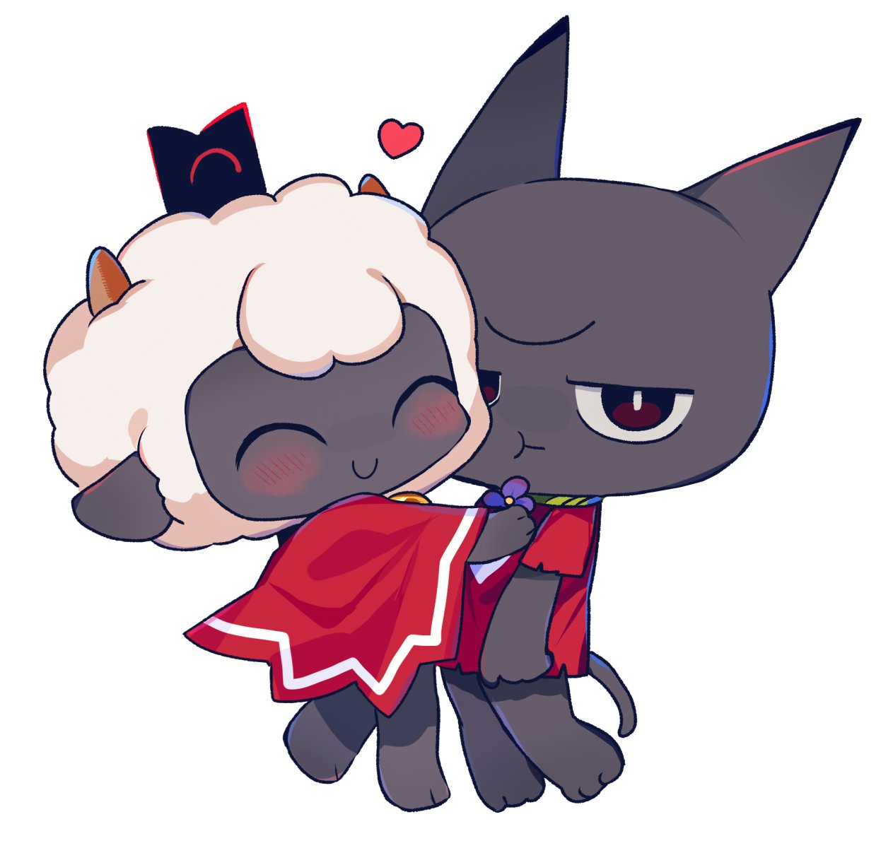1boy, 1other, animal_ears, animal_focus, blush, cat, cat_ears, cat_tail, closed_eyes, cult_of_the_lamb, extra_eyes, heart, highres, horns, hug, inudogsaikou, red_crown_(cult_of_the_lamb), sheep, sheep_ears, sheep_horns, tail, the_lamb_(cult_of_the_lamb), the_one_who_waits_(cult_of_the_lamb), tunic