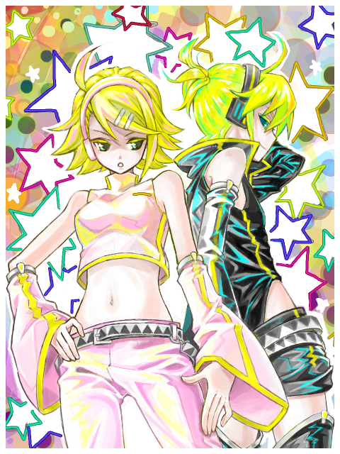1boy, 1girl, aqua_eyes, blonde_hair, detached_sleeves, hair_ornament, hairclip, headphones, kagamine_len, kagamine_rin, matsumochi, midriff, navel, project_diva, project_diva_(series), project_diva_2nd, short_hair, siblings, smile, thighhighs, twins, vocaloid