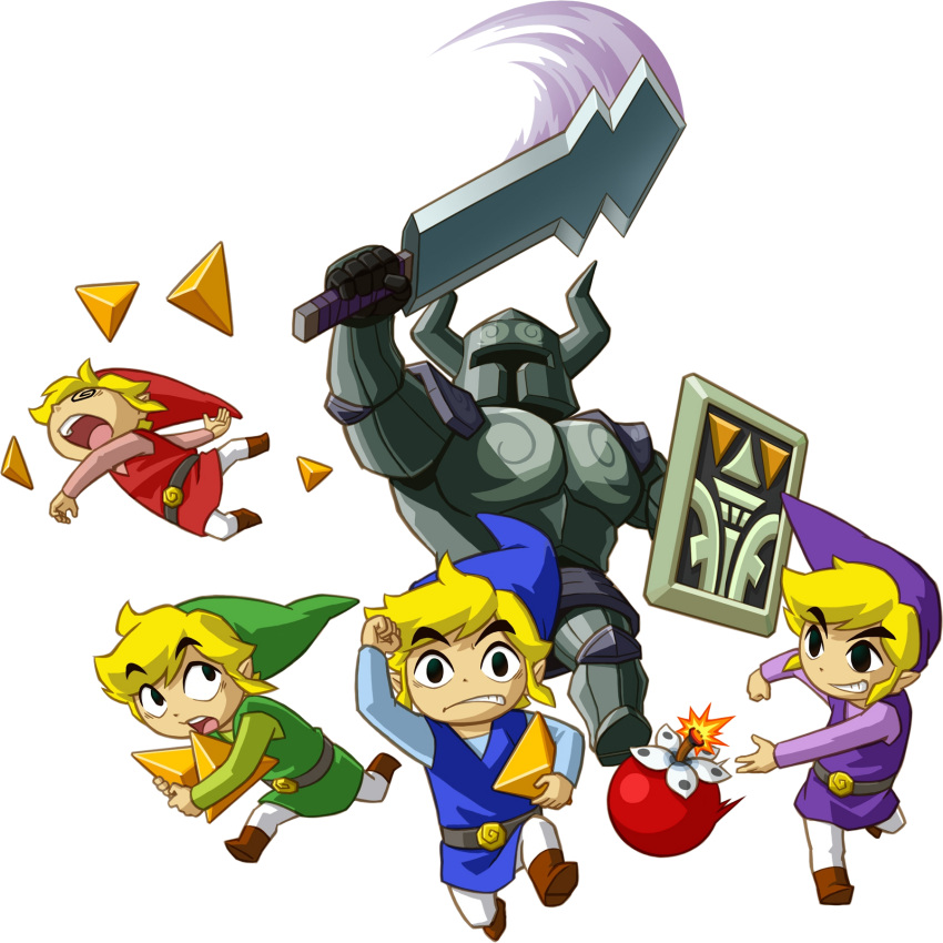 5boys, armor, belt, blonde_hair, blue_headwear, blue_tunic, bomb, brown_footwear