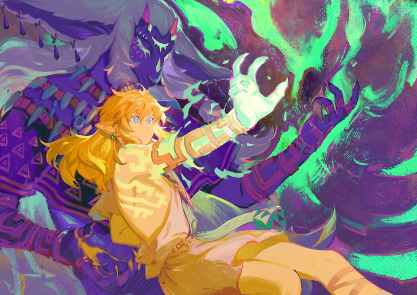 2boys, archaic_set_(zelda), arm_up, bare_shoulders, blonde_hair, blue_eyes, body_markings, closed_eyes