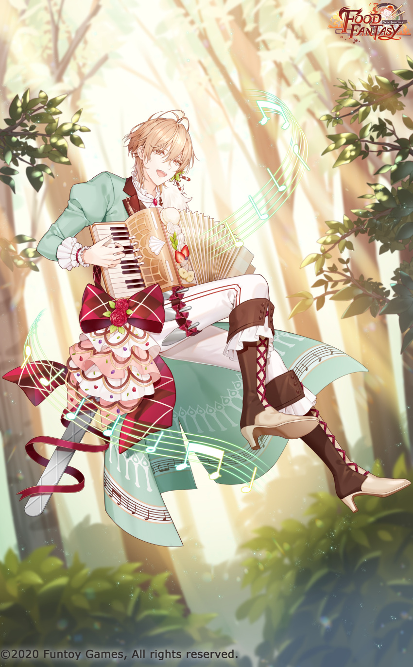 1boy, absurdres, accordion, chiffon_cake_(food_fantasy), cocosuke, earrings, food_fantasy, full_body, highres, holding, holding_instrument, instrument, jewelry, looking_at_viewer, male_focus, music, musical_note, official_art, orange_eyes, orange_hair, playing_instrument, second-party_source, solo