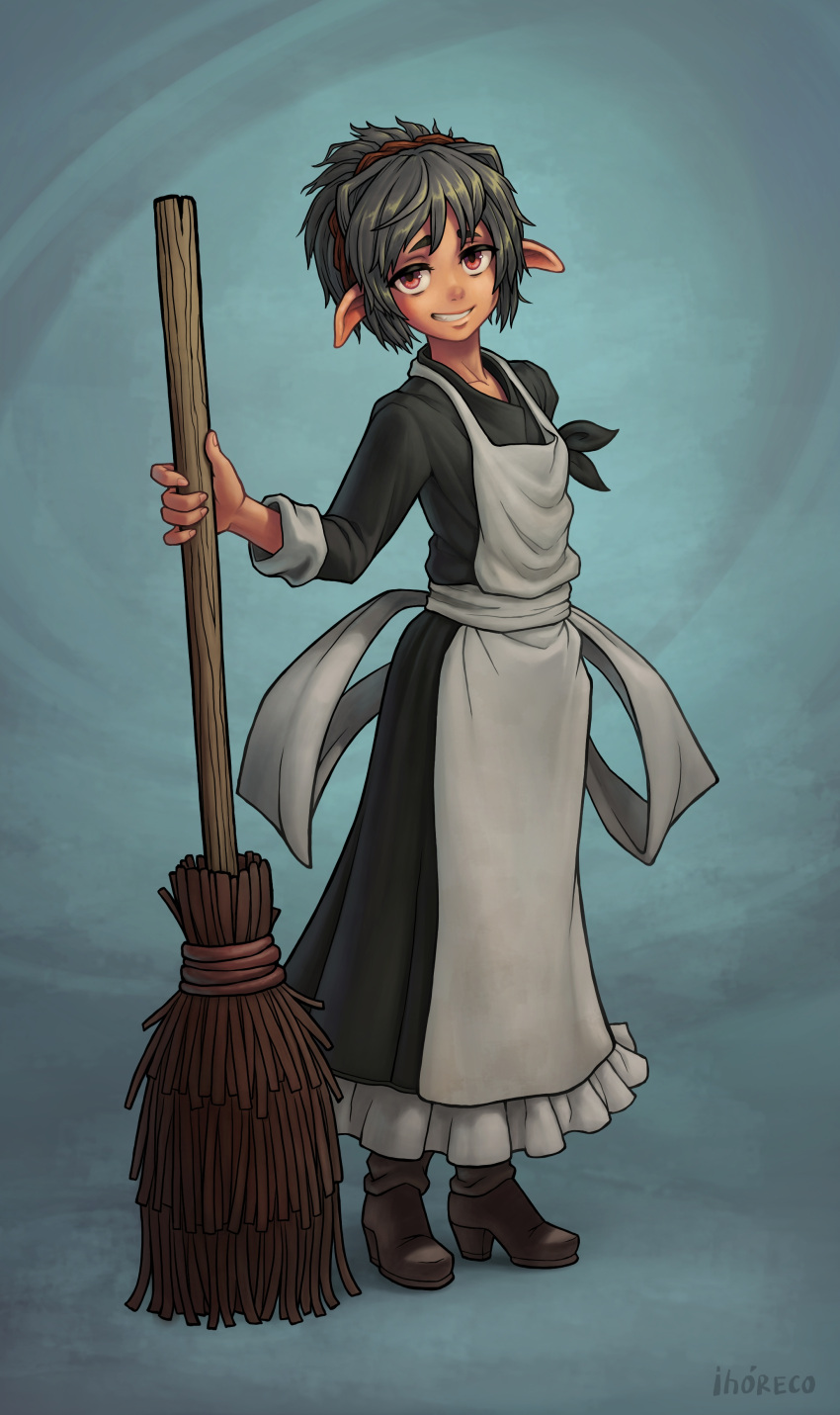 1girl, absurdres, apron, black_dress, black_hair, broom, brown_eyes, cocona_(lonarpg)