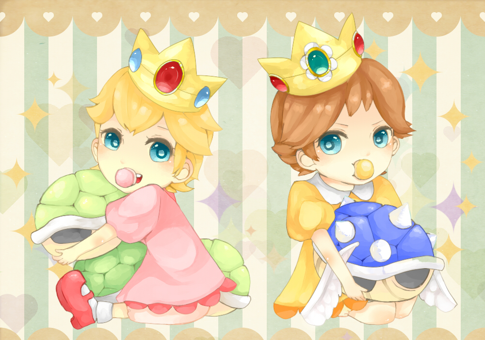 2girls, baby, baby_daisy, baby_peach, blonde_hair, blue_eyes, blue_shell_(mario), brown_hair