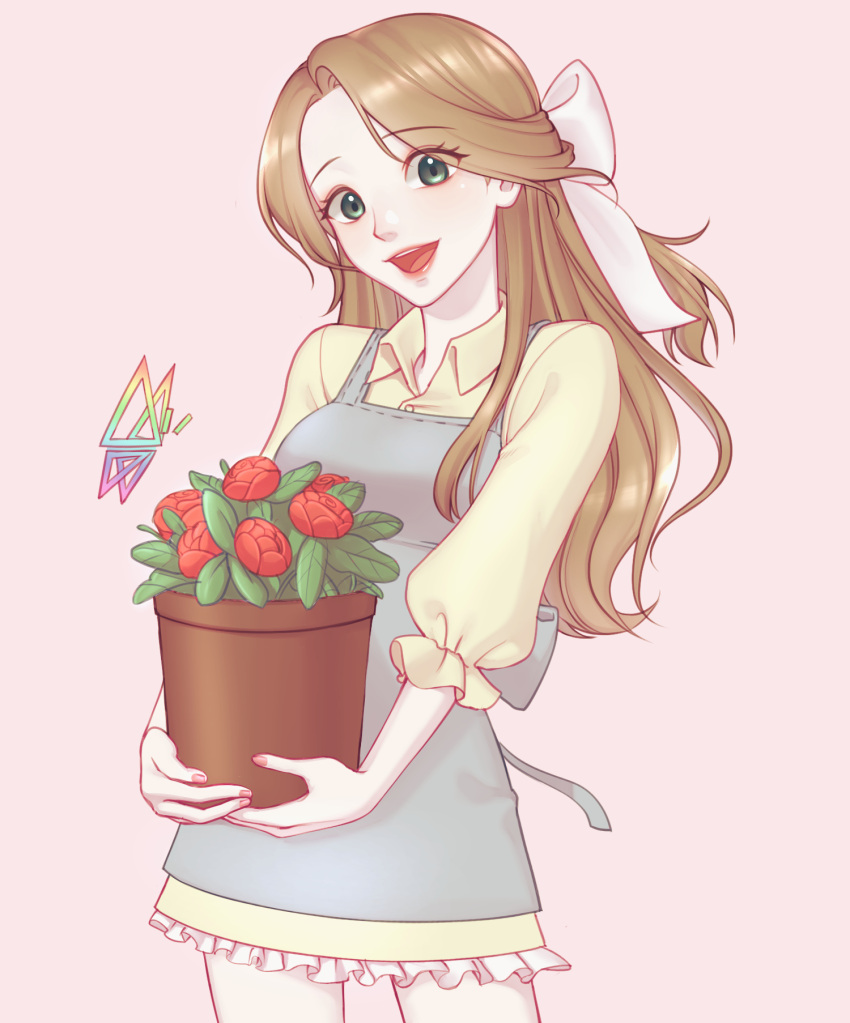 1girl, :d, apron, bow, brown_hair, flower_pot, hair_bow, highres