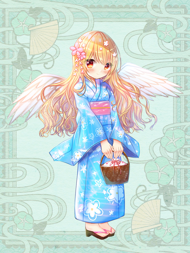 1girl, astra_dewprism, basket, blonde_hair, blue_kimono, blush, floral_print, flower, full_body, green_background, hair_flower, hair_ornament, japanese_clothes, kerberos_blade, kimono, kohaku_muro, long_hair, looking_at_viewer, obi, orange_eyes, sash, smile, solo, standing, white_wings, wings, yukata