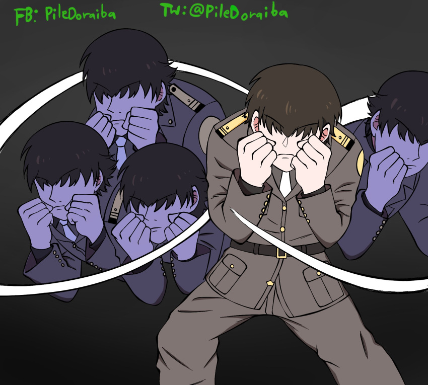 1boy, black_background, boxing, brown_hair, commander_(nikke), dempsey_roll, dodging, fighting_stance