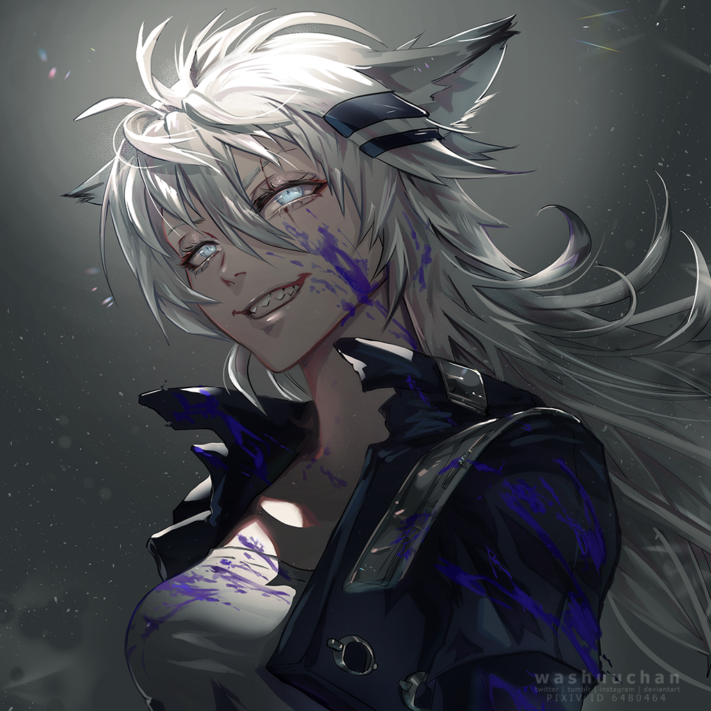 1girl, animal_ears, arknights, artist_name, blood, blood_on_clothes, blood_on_face, blue_blood