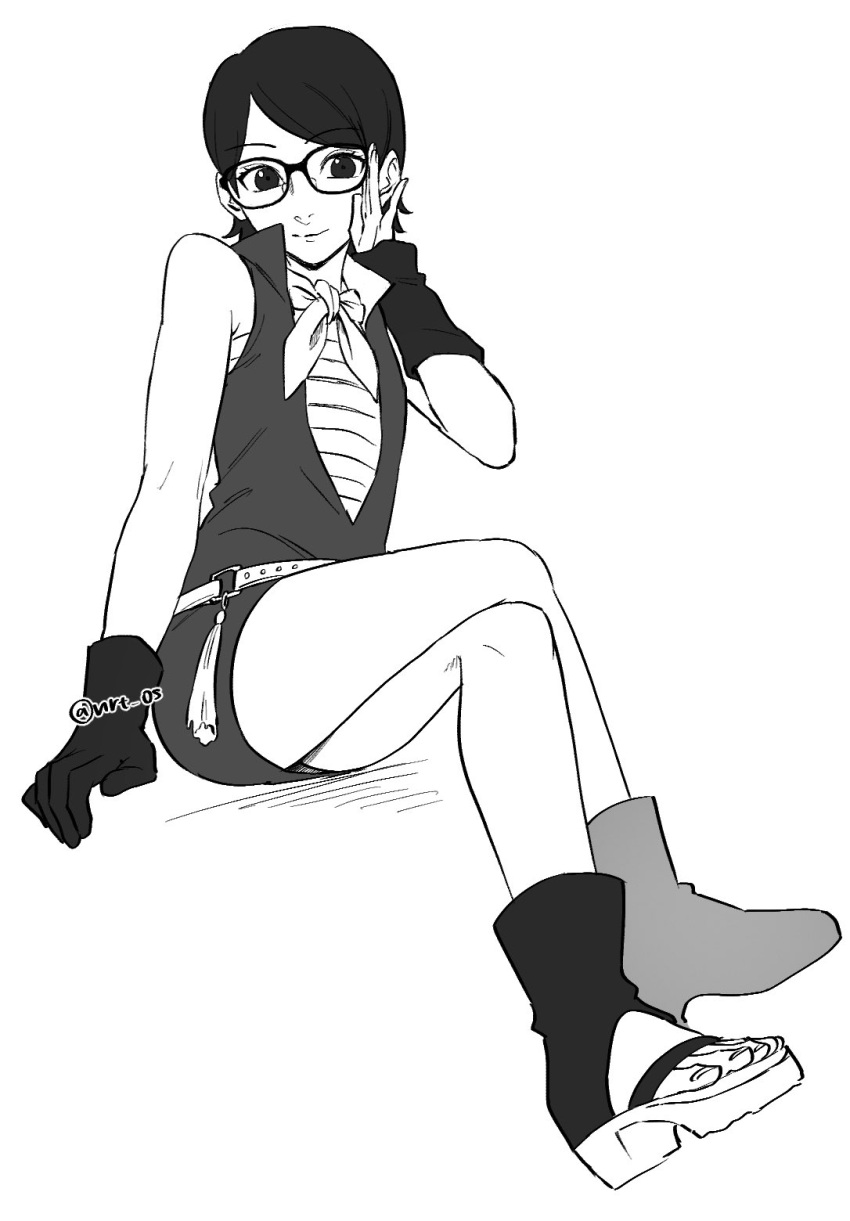 1girl, bare_shoulders, black_eyes, black_hair, boruto:_naruto_next_generations, crossed_legs, dress, flat_chest