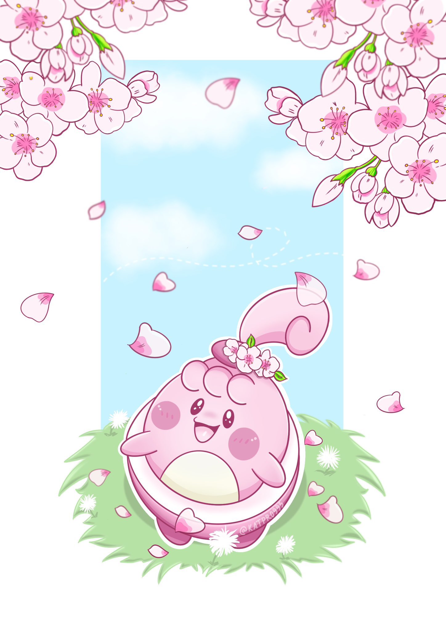 artist_name, cherry_blossoms, falling_petals, flower, grass, hair_flower, hair_ornament, happiny, highres, katpro995, looking_at_viewer, no_humans, open_mouth, petals, pokemon, pokemon_(creature), solo, watermark, white_flower