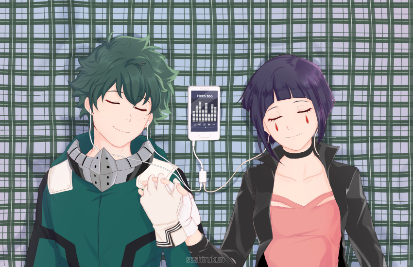 1boy, 1girl, audio_jack, bodysuit, boku_no_hero_academia, digital_media_player, earplugs, green_bodysuit, green_hair, highres, holding_hands, jacket, jirou_kyouka, listening_to_music, lying, midoriya_izuku, on_back, purple_hair, relaxing, seshirukun, sharing, smile
