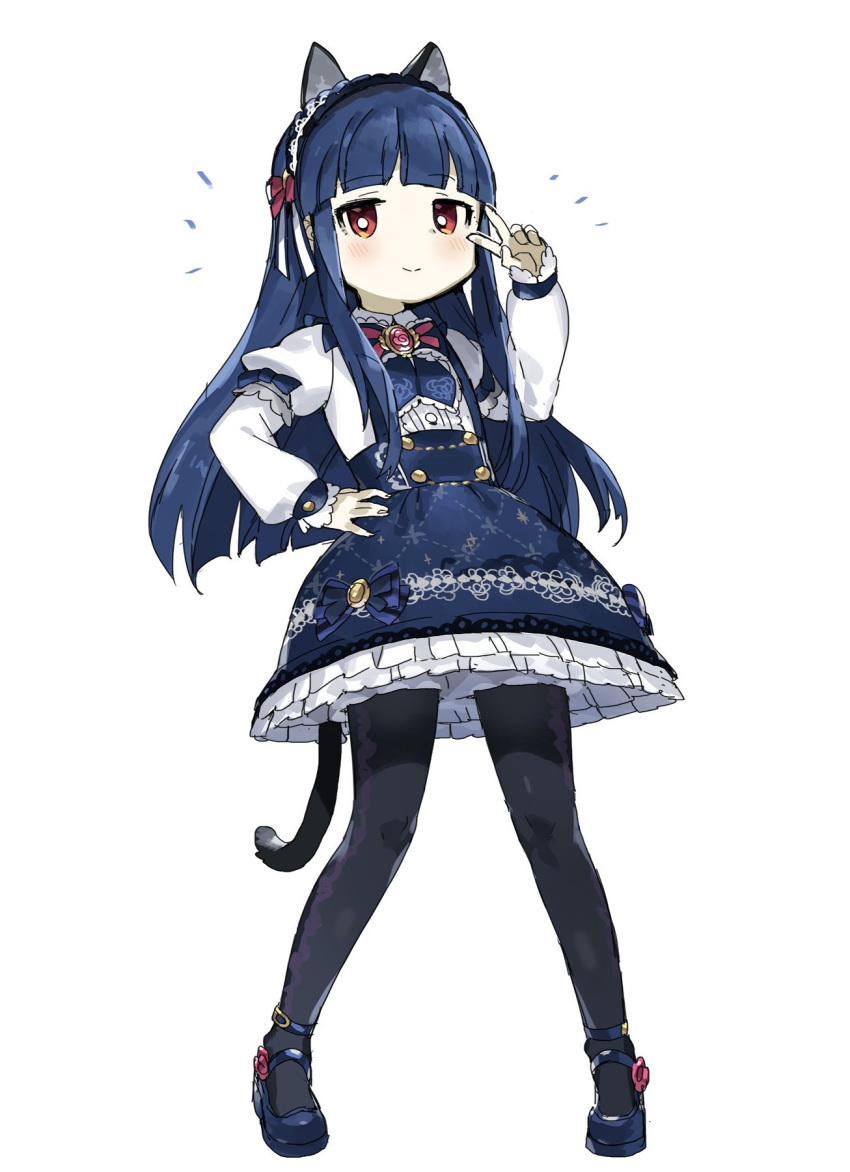 1girl, animal_ears, blue_hair, blunt_bangs, bright_pupils, brooch, dress, frilled_dress