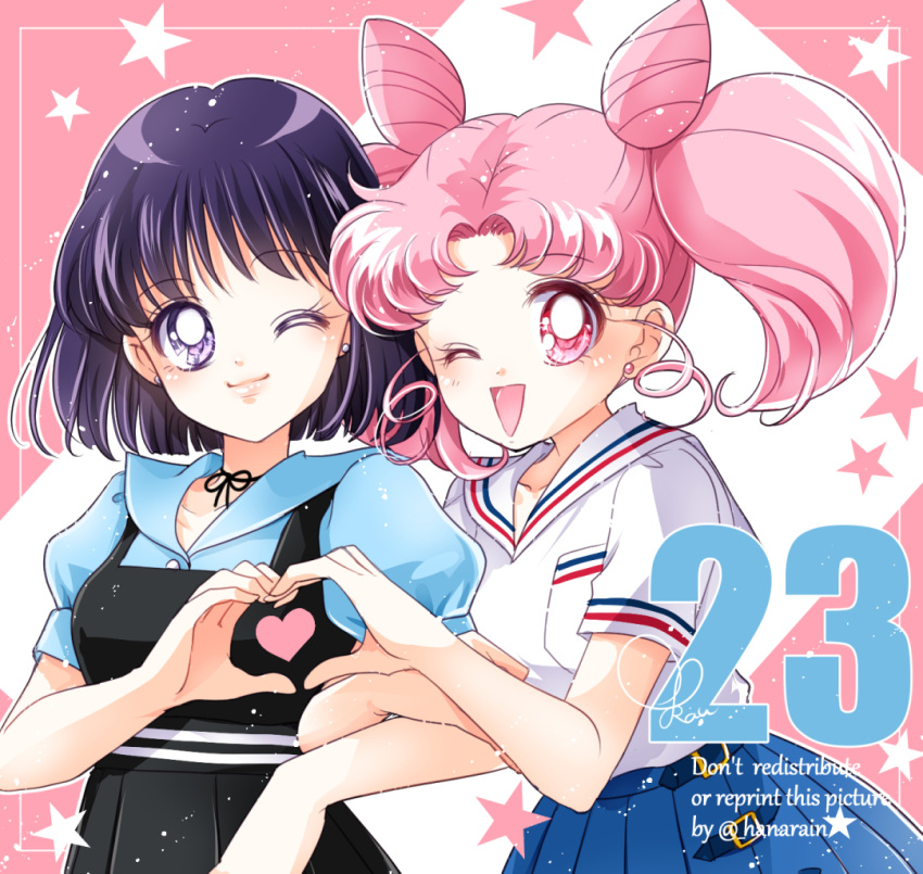 2girls, aged_up, bishoujo_senshi_sailor_moon, black_dress, blue_shirt, chibi_usa, collarbone, collared_shirt