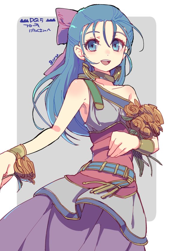 1girl, artist_name, asymmetrical_sleeves, bare_shoulders, blue_eyes, blue_hair, border, bow