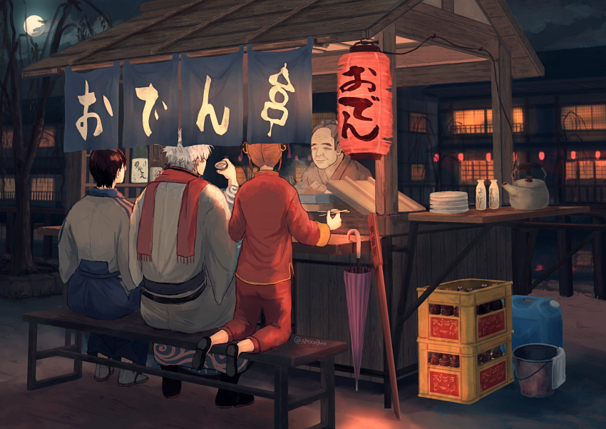 1girl, 3boys, absurdres, bald, black_hair, bottle, chopsticks, double_bun