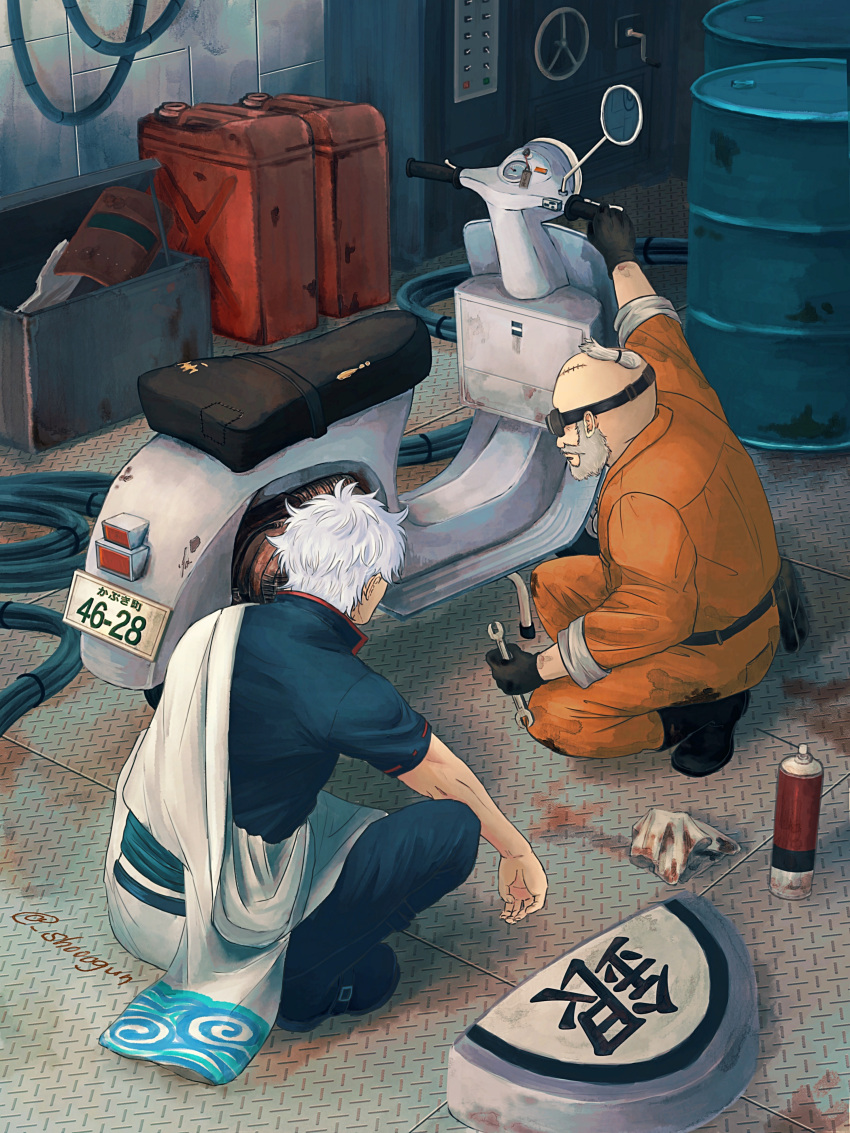 2boys, absurdres, barrel, black_gloves, chonmage, commentary_request, gas_tank, gintama