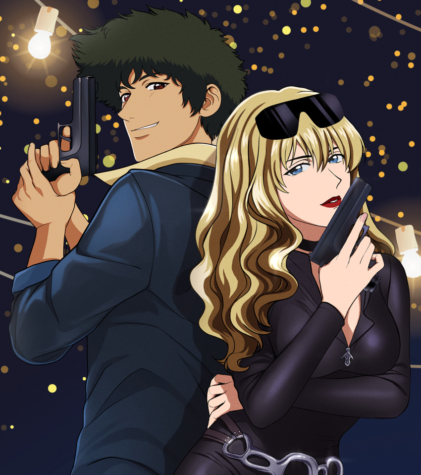 1boy, 1girl, back-to-back, blonde_hair, blue_eyes, brown_eyes, cowboy_bebop, curly_hair