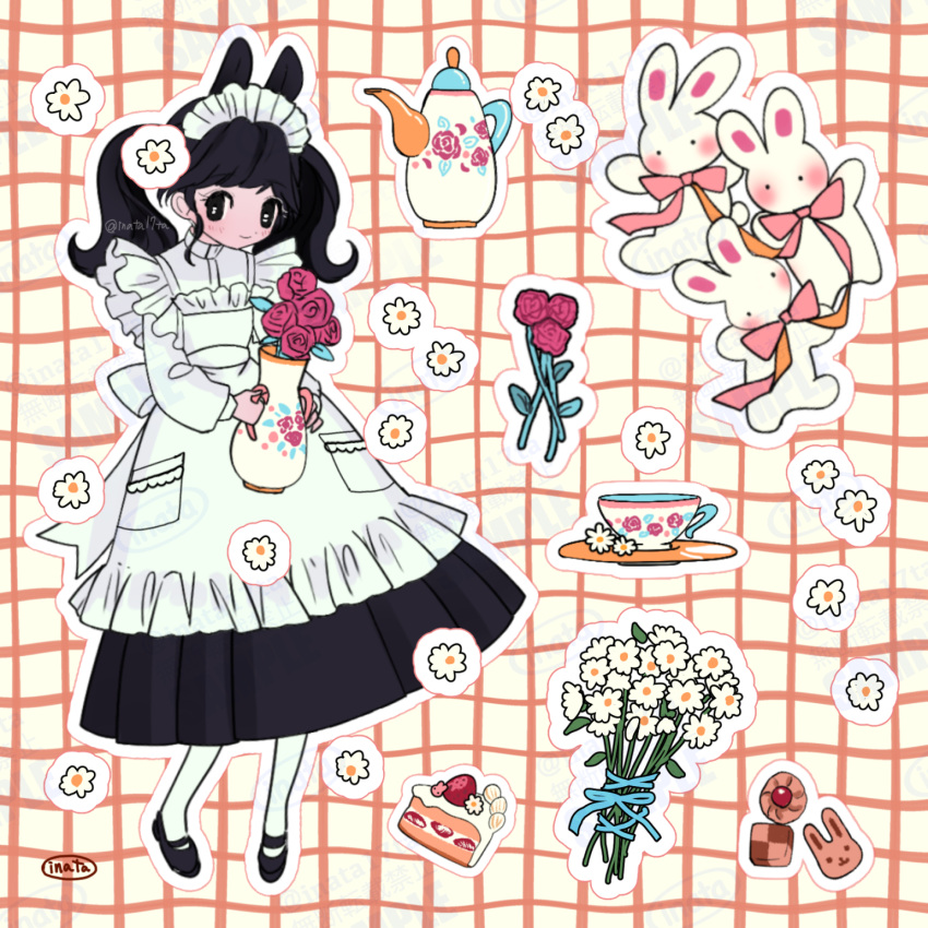 1girl, animal_ears, apron, black_dress, black_eyes, black_hair, blush, bouquet