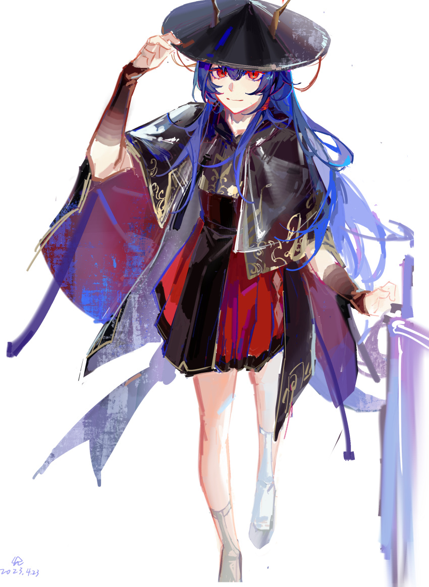 absurdres, arknights, arm_up, black_headwear, blue_hair, ch'en_(arknights), closed_mouth, hair_between_eyes