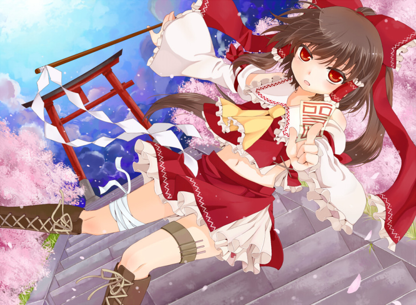 1girl, adapted_costume, ascot, bad_id, bandages, between_fingers, boots, bow, brown_hair, cherry_blossoms, colored_eyelashes, cross-laced_footwear, dutch_angle, eyelashes, flying, frills, gohei, hair_bow, hair_ribbon, hair_tubes, hakurei_reimu, hands, holster, knee_boots, lace-up_boots, midriff, navel, ofuda, petals, red_eyes, ribbon, skirt, solo, stairs, thigh_holster, thigh_strap, torii, touhou, tsuguha