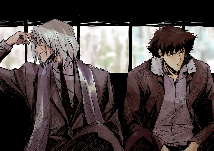 2boys, absurdres, black_hair, black_necktie, closed_mouth, cowboy_bebop, finger_on_forehead, grey_hair