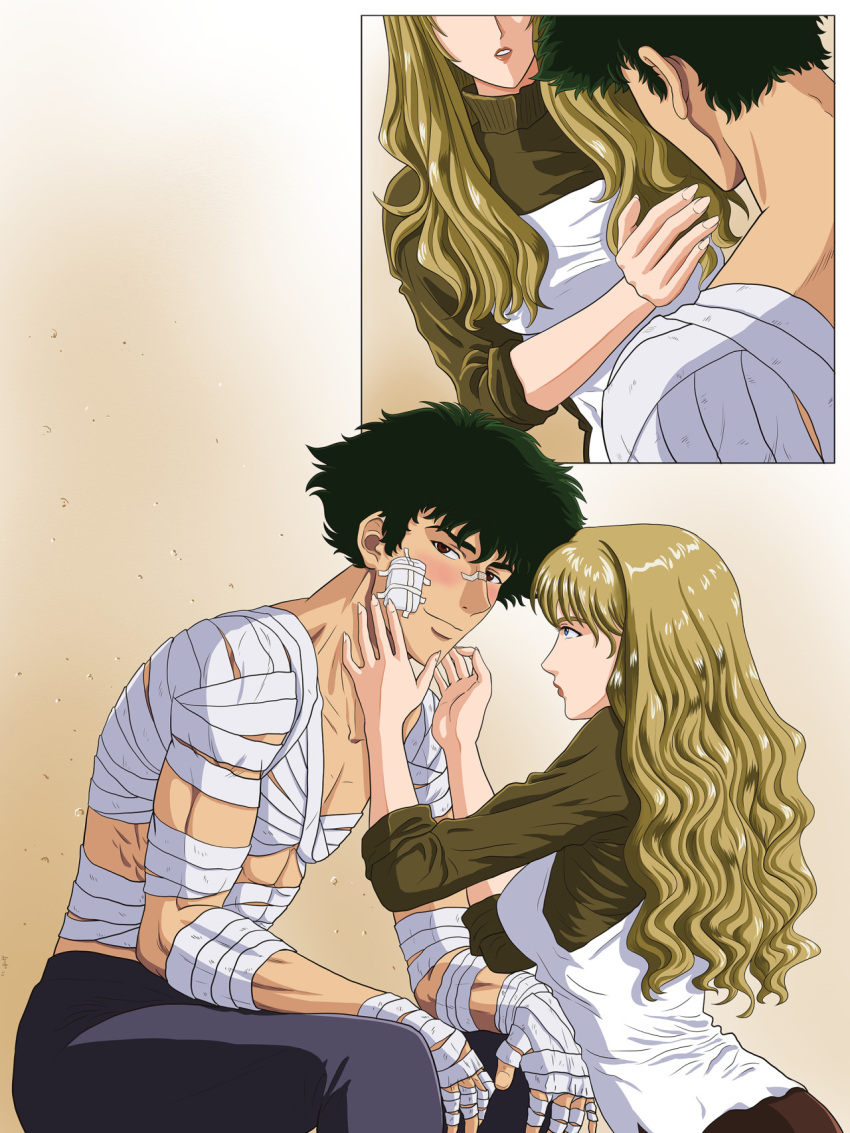 1boy, 1girl, bandaged_arm, bandaged_fingers, bandaged_hand, bandages, black_hair, blonde_hair
