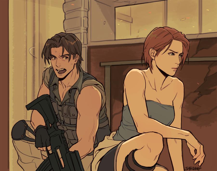 1boy, 1girl, blue_eyes, bob_cut, brown_hair, carlos_oliveira, commentary_request, dark_skin
