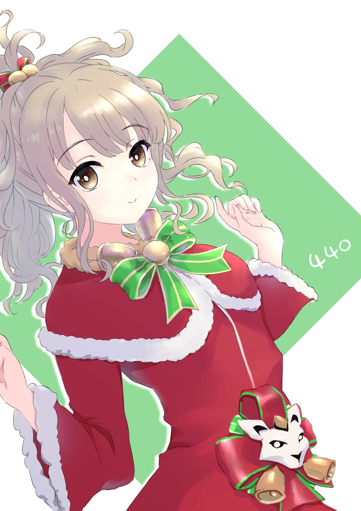 1girl, bell, bow, bowtie, brown_hair, cagasyo, capelet, closed_mouth