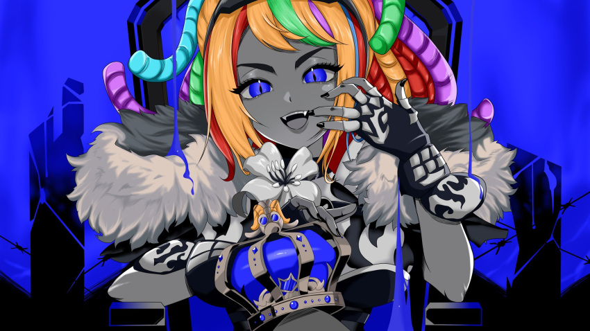 1girl, blonde_hair, blue_background, blue_eyes, commission, commissioner_upload, fangs, fur_trim, gloves, highres, kamiesisyanon, leslie_(grandmiral), looking_at_viewer, multicolored_hair, open_mouth, original, simple_background, smile, solo, teeth, upper_body