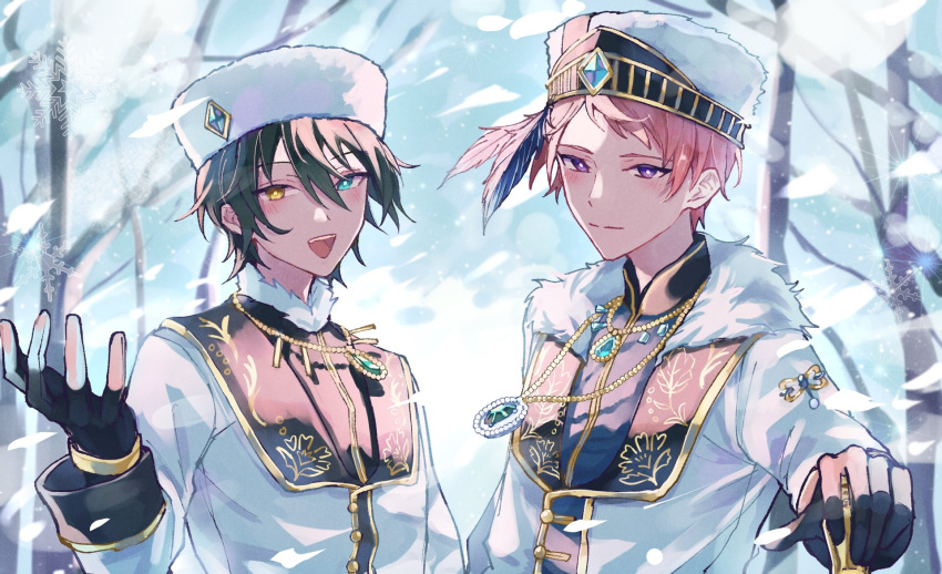 2boys, aqua_eyes, black_gloves, closed_mouth, commentary_request, ensemble_stars!, fingerless_gloves, fur_trim