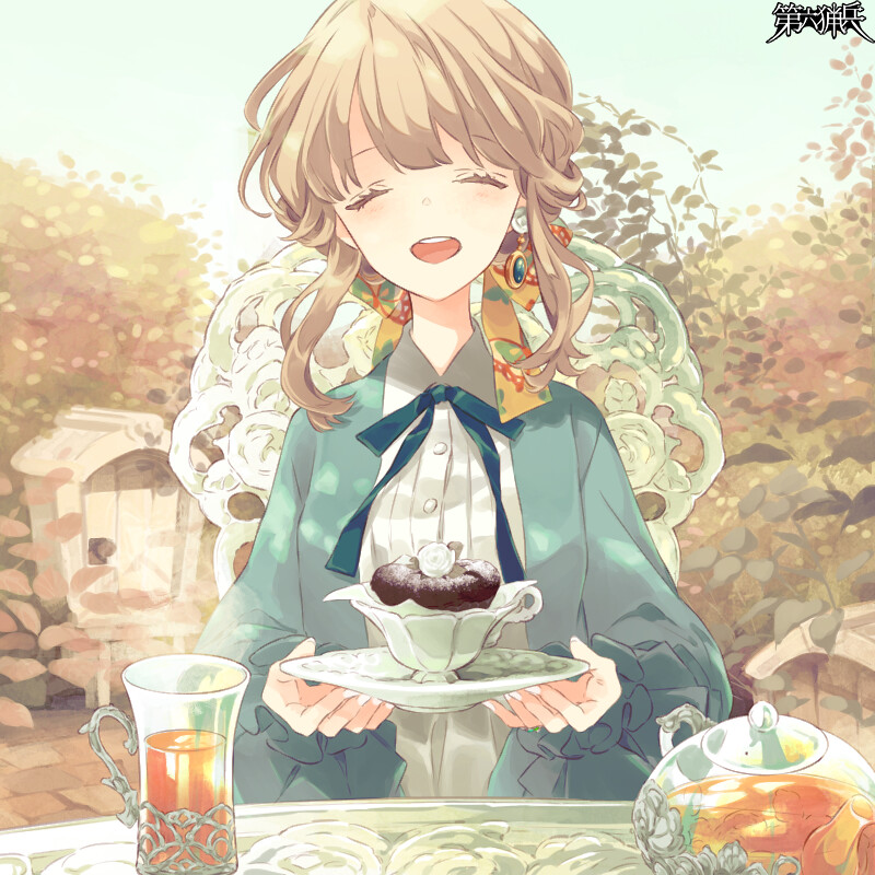 1girl, :d, blue_ribbon, brown_hair, chair, closed_eyes, copyright_name, cup