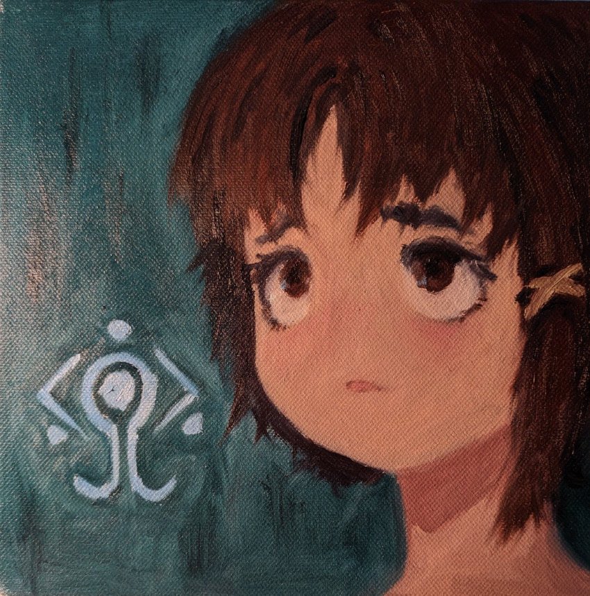 1girl, asymmetrical_hair, blush, brown_eyes, brown_hair, elainma, hair_ornament, hairclip